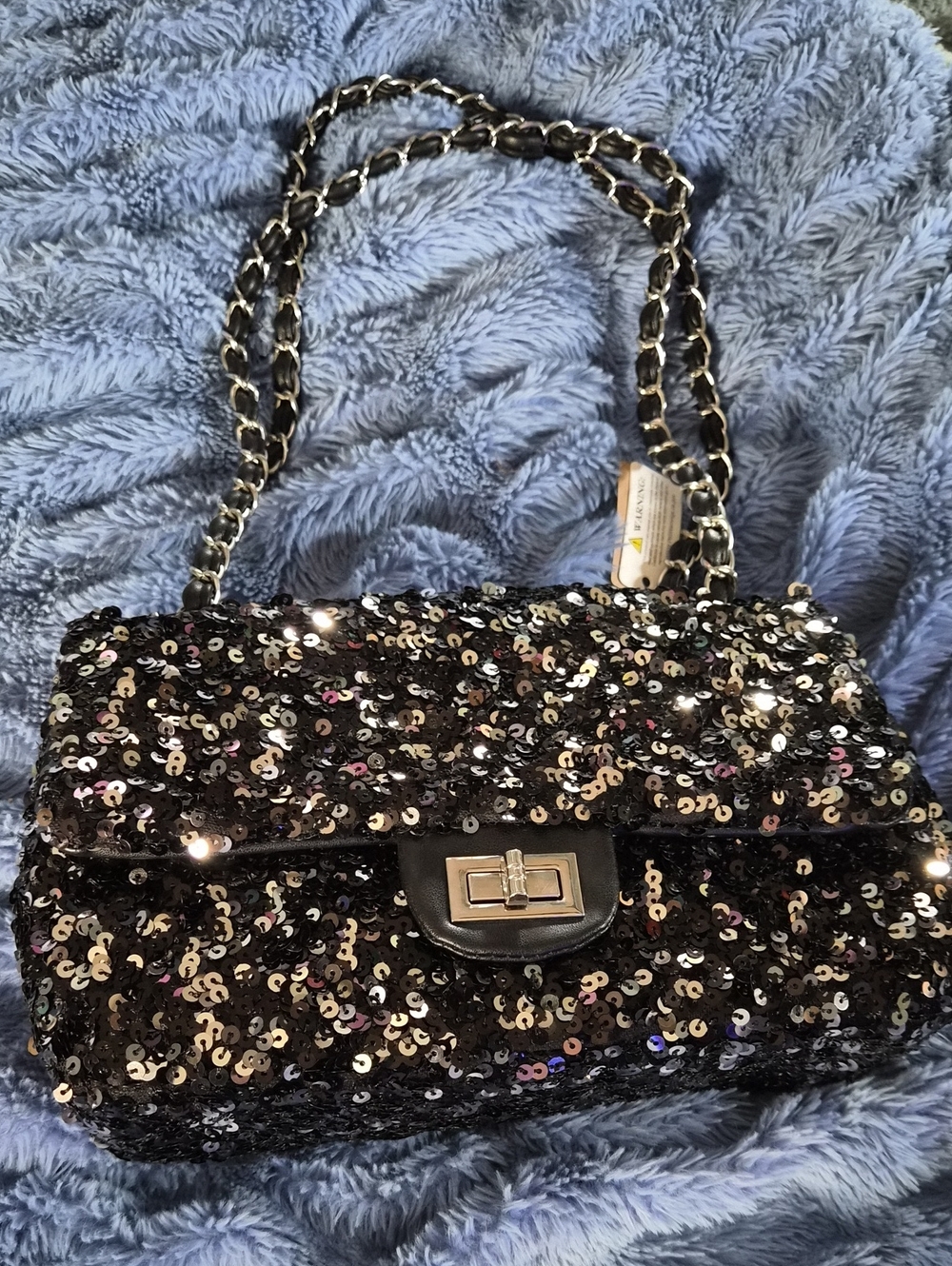 Black Sequin Chain-Shoulder Evening Bag with Turn-Lock
